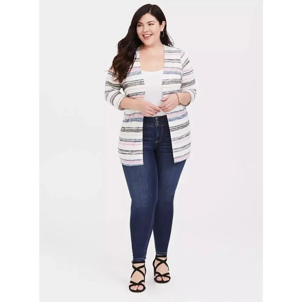 Torrid Multi Stripe Slub Knit Cardigan Women's 3X Open Front 3/4 Sleeves Stretch - Picture 2 of 7